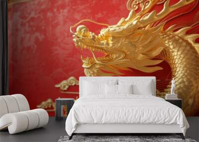 Chinese New Year. Dragon gold decoration on red background. Copy space Wall mural