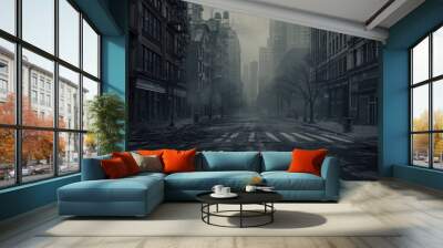 Dark foggy abandoned city with glowing light, crime dark background.. Wall mural