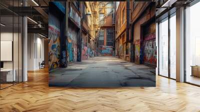 Dark vintage urban alley back yard with graffiti Wall mural