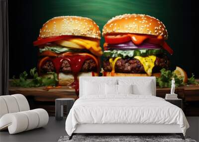 fresh burger burger made of bun, onion, tomato, ketchup, mayonnaise, cheese, lettuce, meat patty, beef, fries and ketchup sauce and a glass of Coke on a black table and black Wall mural