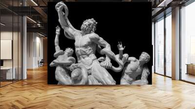 Front view of famous laocoon roman copy sculpture isolated on black background. Trojan Laocoon was strangled by sea snakes with his two sons Wall mural