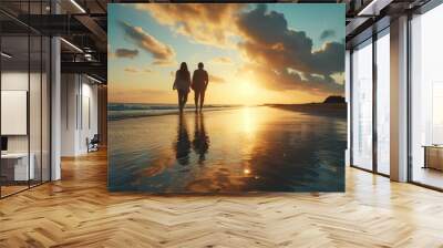 Full body back view young lovely couple two friends family man woman in casual clothes hold hands walking stroll together at sunrise over sea beach ocean outdoor exotic seaside in summer day evening Wall mural