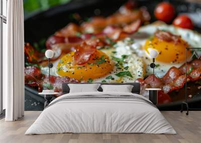 Hearty breakfast is served in a black frying pan and wooden board, fried eggs with bacon and tomatoes, two pieces of bread are on a wooden table. Wall mural