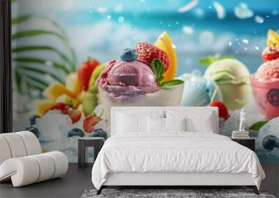 Ice cream in glass vases with berries on the beach against the background of the sea Wall mural