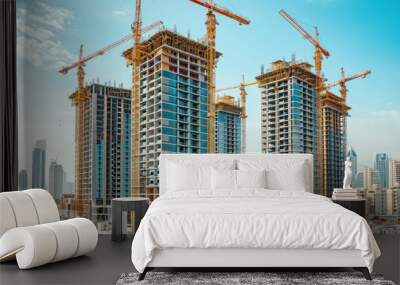 Inside place for many tall buildings under construction and cranes under a blue sky Wall mural