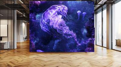 Jellyfish underwater. Australian spotted jellyfish floating in deep blue water. Underwater life in ocean jellyfish. Beautiful jellyfish, medusa in neon purple light. Wall mural