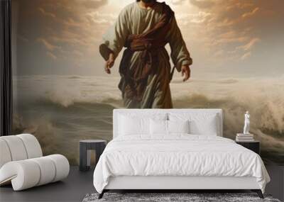 Jesus walking on the water during a night with moonlight Wall mural