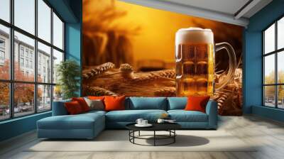 large glass of light unfiltered beer, malt, hops, barley ears standing on an old wooden table dyeing, natural background Wall mural