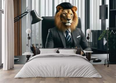 Lion manager in a suit sitting in the office Wall mural