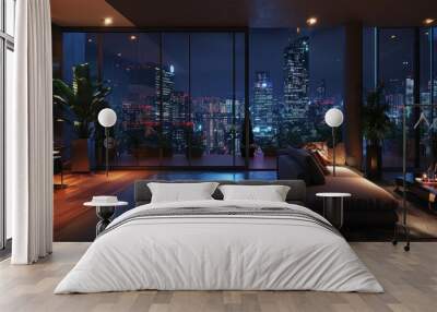 Loft contemporary interior apartments with city skyline and buildings city from glass window Wall mural