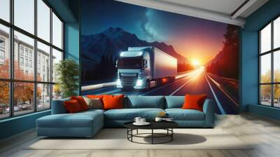 Long Haul Semi-Truck with Cargo Trailer Full of Goods Travels At Night on the Freeway Road Wall mural