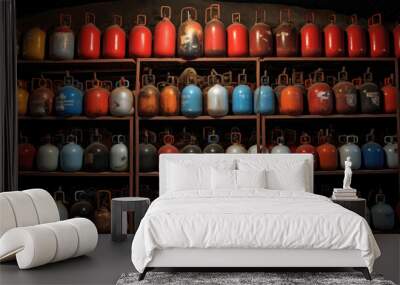 LPG Gas cylinders for home distribution kept in warehouse Wall mural