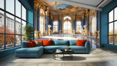 luxury royal interior in baroque style. very bright, hall with expensive old style furniture. large windows and stucco ornament Wall mural