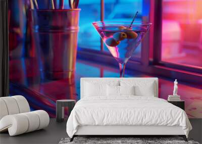 Martini glass on a pink and blue neon background. Alcohol drink, cocktail party concept. Transparent silhouette, illuminated effect. Night bar Wall mural