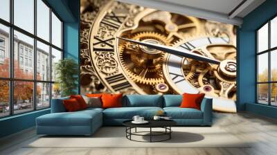 Mechanism, clockwork of a watch with jewels, close-up. Vintage luxury background. Time, work concept Wall mural