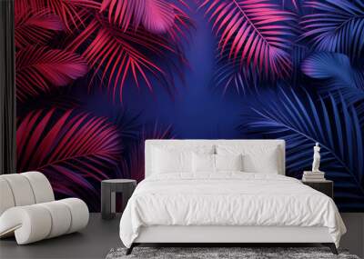 Modern layout installed with tropical colorful plants forest glow in the dark background. Stylized as futuristic art. Wall mural