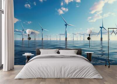 Ocean Wind Farm. Windmill farm in the ocean. Offshore wind turbines in the sea. Wind turbine from aerial view Wall mural