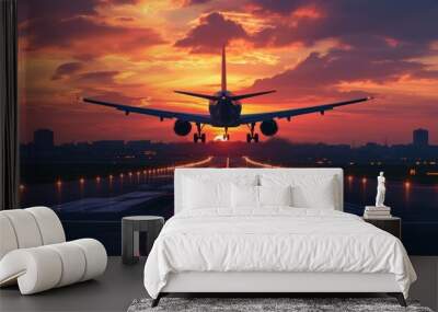 passenger plane fly up over take-off runway from airport at sunset Wall mural