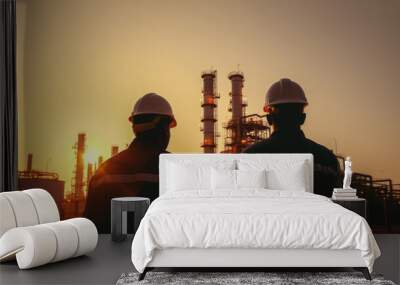 Silhouette of Teams engineer and foreman working at petrochemical oil refinery in sunset. Wall mural