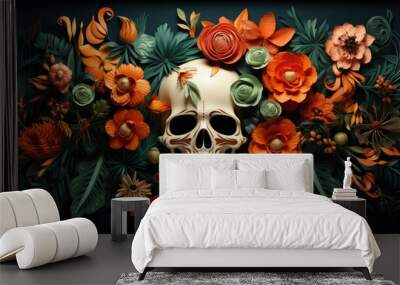 Skull with plants on black background. Wall mural