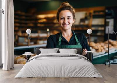 Smiling beautiful woman baker in uniform stands near the oven before the start work bakery production of pastries Wall mural