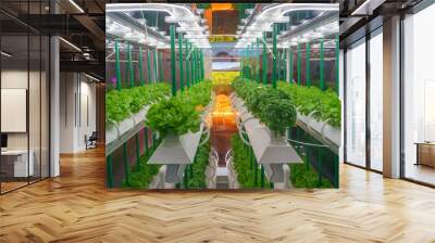 Soilless culture of vegetables under artificial light. Organic hydroponic vegetable garden. LED light Indoor farm, Agriculture Technology. Inside a warehouse without the need for sunlight Wall mural