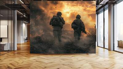 Special operations forces soldier, army ranger or commando in camo uniform, helmet and ballistic glasses walking at battlefield covered with smoke Wall mural