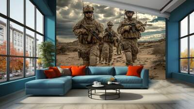 Squad of Three Fully Equipped and Armed Soldiers Standing on Hill in Desert Environment in Sunset Light Wall mural