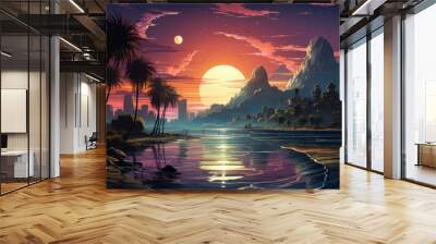 Sunset or sunrise on the beach landscape with beautiful pink sky and sun reflection over the water Wall mural