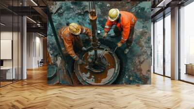 There are two men diligently working on an oil rig situated in the mud Wall mural