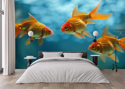 Three goldfish can be seen gracefully swimming in a tank filled with water, enjoying their time in a comfortable aquatic environment Wall mural