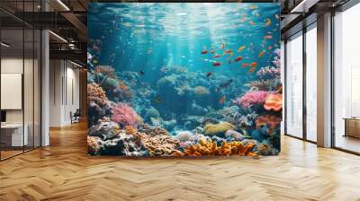 Tropical sea underwater fishes on coral reef. Aquarium oceanarium wildlife colorful marine panorama landscape nature snorkel diving Wall mural