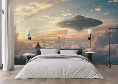 ufo, an alien saucer hovering above the mountains in the clouds, hovering motionless in the sky. uni Wall mural