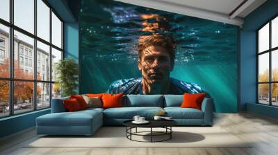 Underwater portrait of man at swimming pool Wall mural