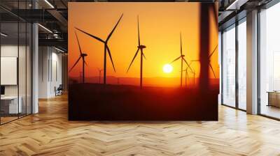 Wind turbine farm power generator in beautiful nature landscape for production of renewable green energy is friendly industry to environment. Concept of sustainable development technology Wall mural