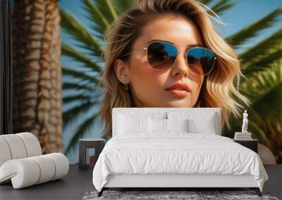 Young woman in sunglasses under palm tree on sunny day Wall mural