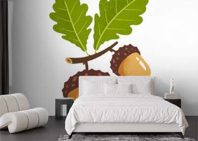 An oak branch with green leaves and two ripe acorns. Vector illustration on a white background Wall mural