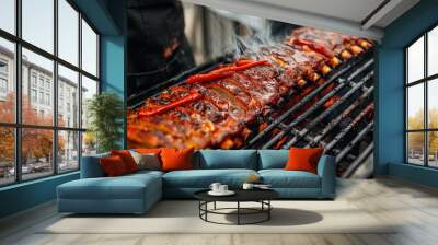 Grill chef cooking pork ribs with red peppers on BBQ Wall mural