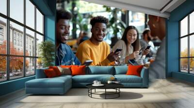 Group of people sitting at a table in restaurant or cafe, all of them holding smartphones in hands and smiling. People enjoying their time together while using their phones. Wall mural