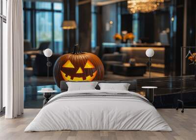 Halloween decor jack o lantern pumpkin stands at the reception of a luxury hotel Wall mural