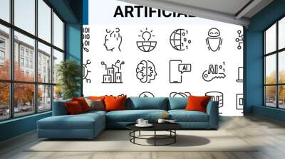 Artificial intelligence set of 30 web icons in line style. AI technology icons for web and mobile app. Machine learning, digital AI technology, algorithm, smart robotic and cloud computing network Wall mural