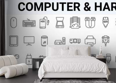 Computer and Hardware line web icons. PC, such as RAM memory, hdd, ssd cpu processor. Keyboard mouse headphone speakers, laptop monitor server. Webcam, printer. Editable stroke. Wall mural