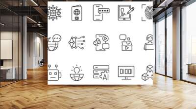 Digitalisation web icons. Digital technology icons such as cloud computing, artificial intelligence, mobile payment, coding, chip, vr glasses, innovation, network. Wall mural