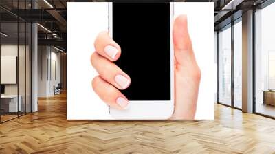 Hand holding White Smartphone with blank screen on white backgro Wall mural