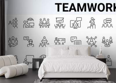 Teamwork training line icons related team, co-workers, cooperation. Linear busines simple symbol collection. vector illustration. Editable stroke Wall mural