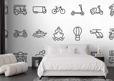 Transport web line icons. Containing car, bike, plane, train, bicycle, motorbike, bus and scooter. Editable stroke. Vector illustration Wall mural