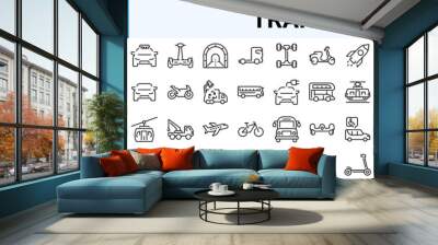 Transport web line icons. Containing car, bike, plane, train, bicycle, motorbike, bus and scooter. Editable stroke. Vector illustration Wall mural