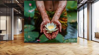 Mehndi decorates women s hands with flower designs for Vesak day Buddhist lent day and Buddha s birthday worship Wall mural