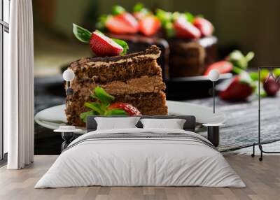 chocolate cake with fresh strawberries Wall mural