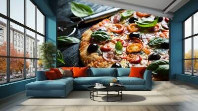 pizza with salami, olives and basil Wall mural